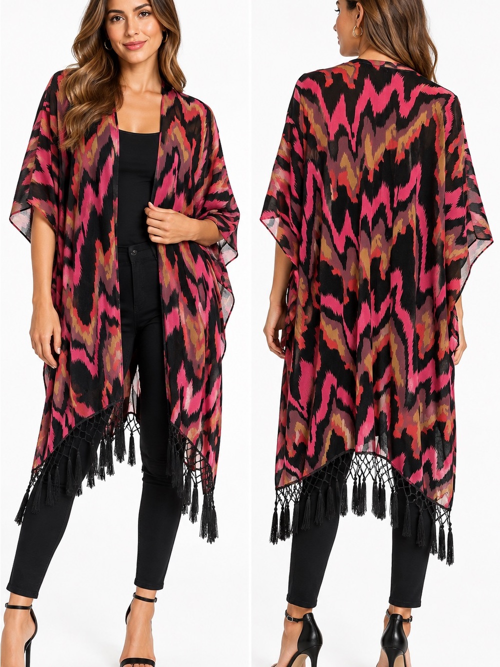 Free People Boho Ikat Abstract Print Fringe Kimono Duster Pink Black OS